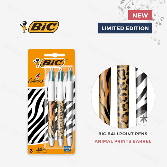 BIC - Limited Edition Animal Prints - 4 Colours Ballpoint Pens 1.0 mm - Pack of 3