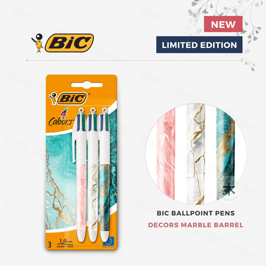BIC - Limited Edition Decors Marble Barrels - 4 Colours Ballpoint Pens 1.0 mm - Pack of 3