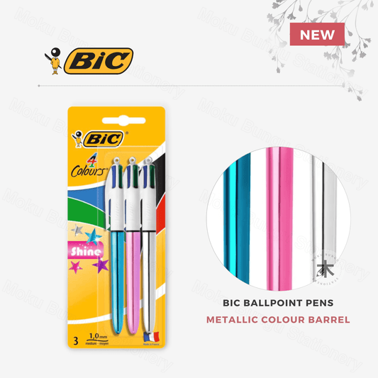 BIC - Limited Edition Shine Metallic Barrels - 4 Colours Ballpoint Pens 1.0 mm - Pack of 3
