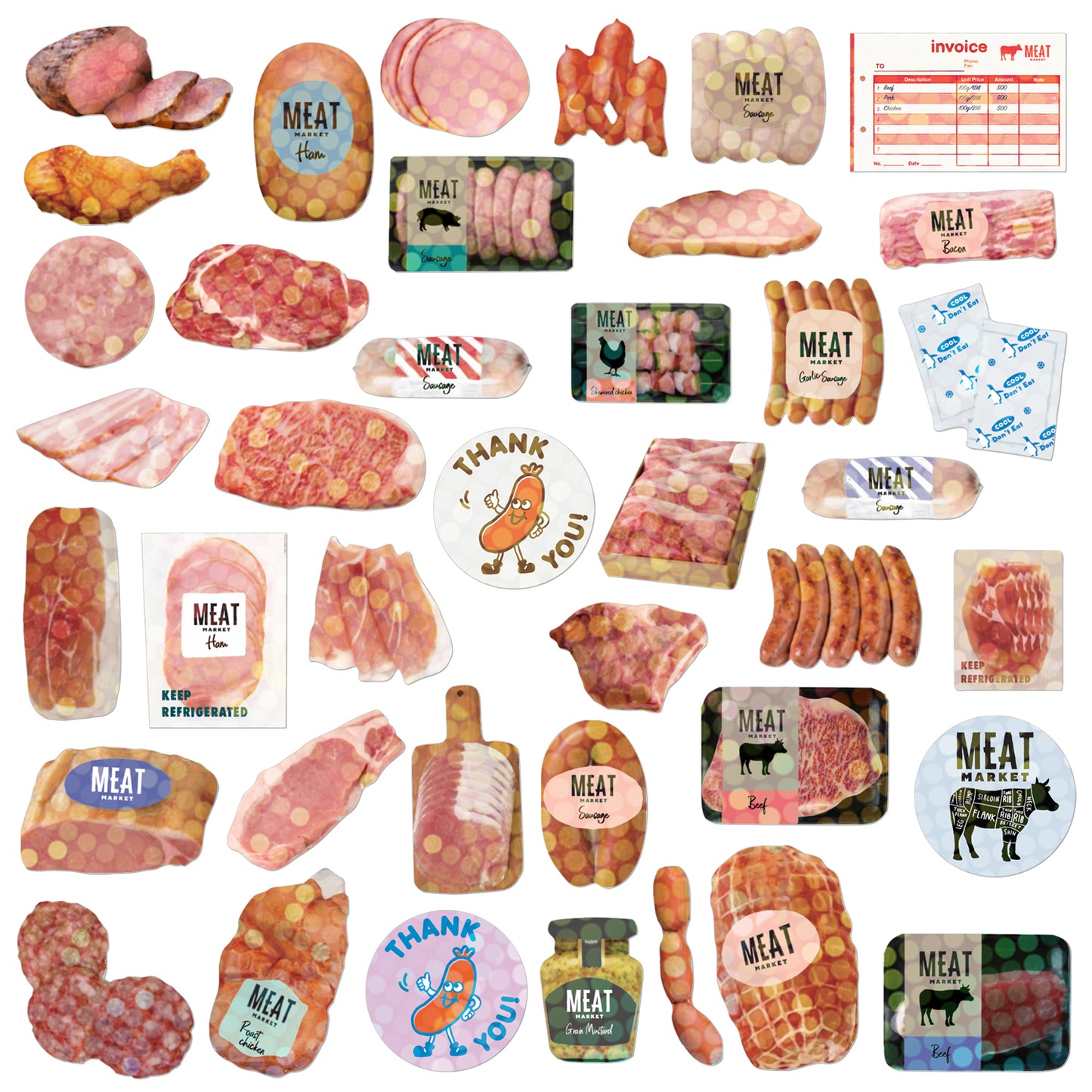 Greeting Life - Hako Seal - Mini Box of Flake Stickers - Meat
