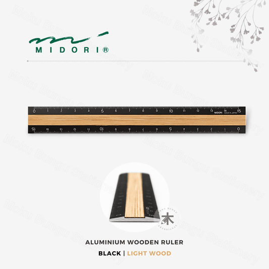 Midori - Aluminium Wooden Ruler - 15cm - Black Aluminium/Light Wood