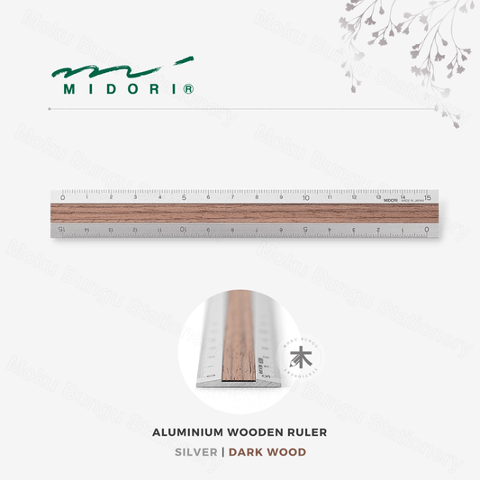 Midori - Aluminium Wooden Ruler - 15cm - Silver Aluminium/Dark Wood