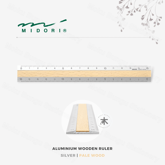 Midori - Aluminium Wooden Ruler - 15cm - Silver Aluminium/Pale Wood