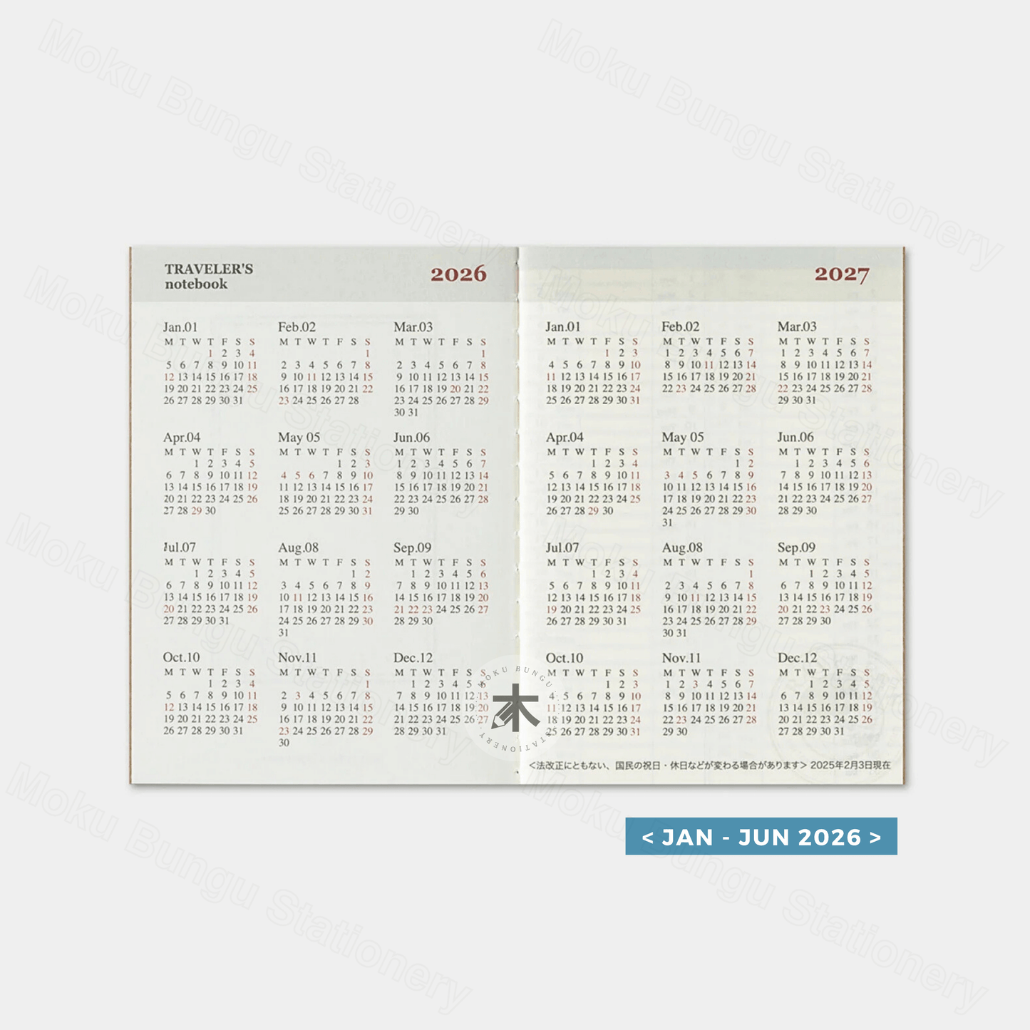TRAVELER'S notebook Refill - Passport Size - 2026 Diary - Weekly Planner