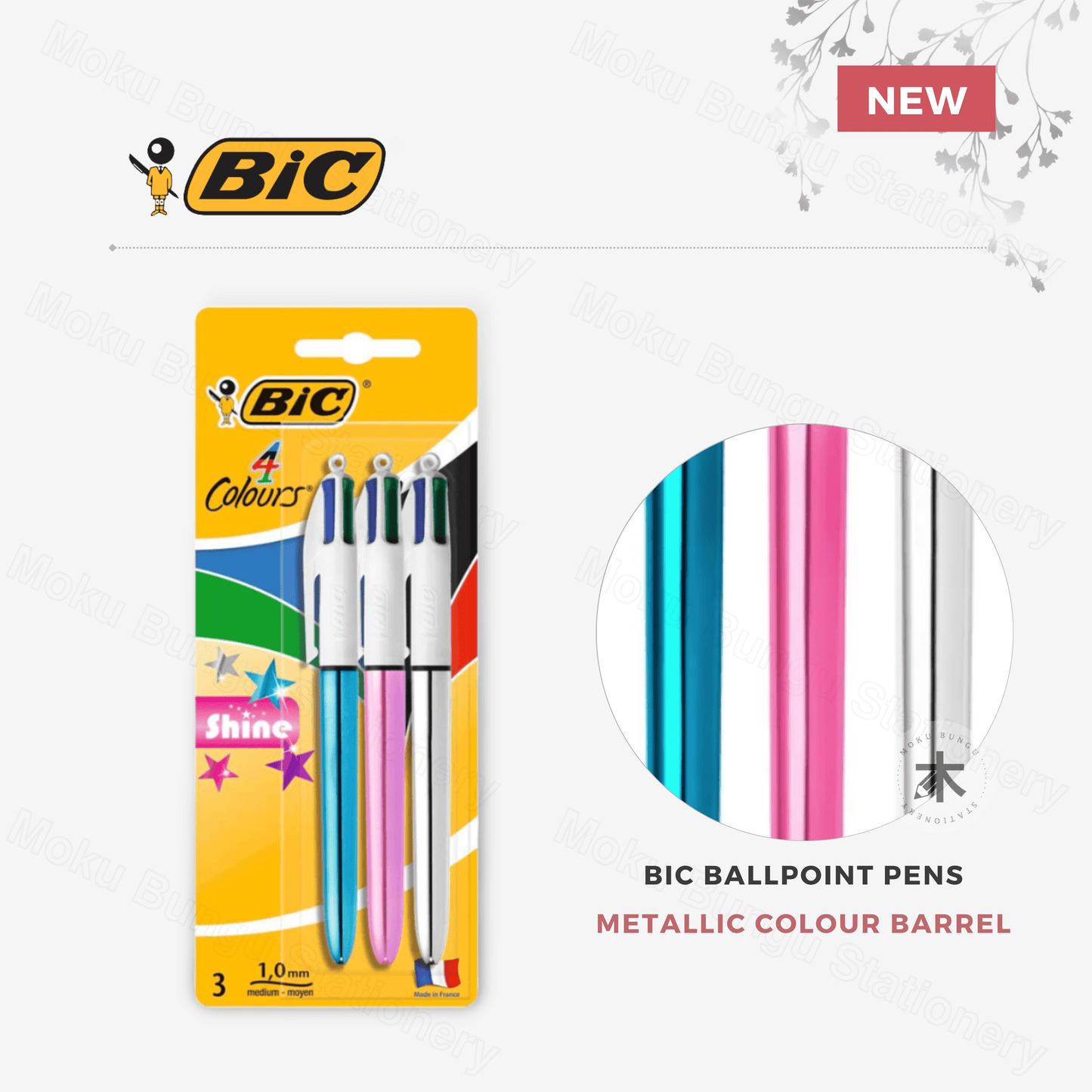 BIC - Limited Edition Shine Metallic Barrels - 4 Colours Ballpoint Pens 1.0 mm - Pack of 3