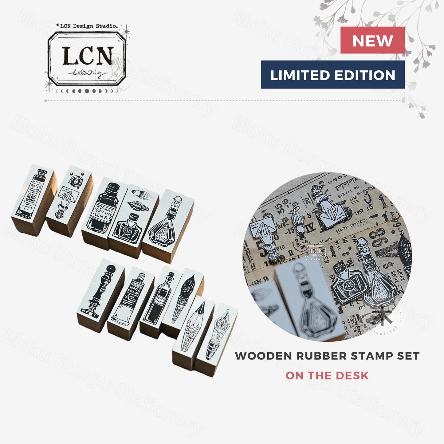 LCN Design Studio - Wooden Rubber Stamp Set - On the Desk