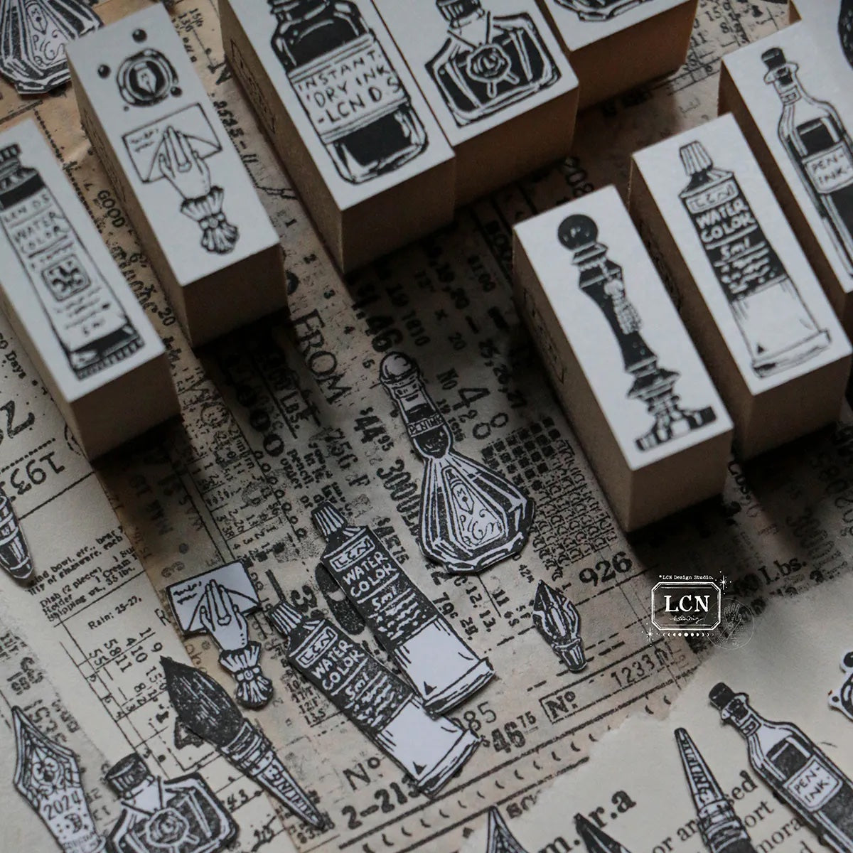 LCN Design Studio - Wooden Rubber Stamp Set - On the Desk