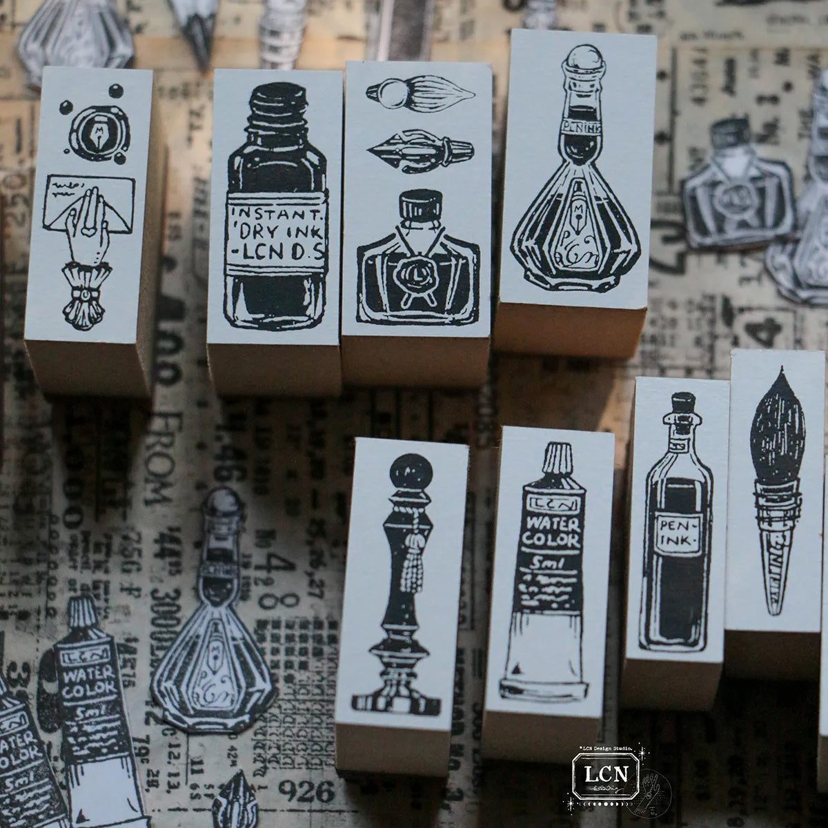 LCN Design Studio - Wooden Rubber Stamp Set - On the Desk