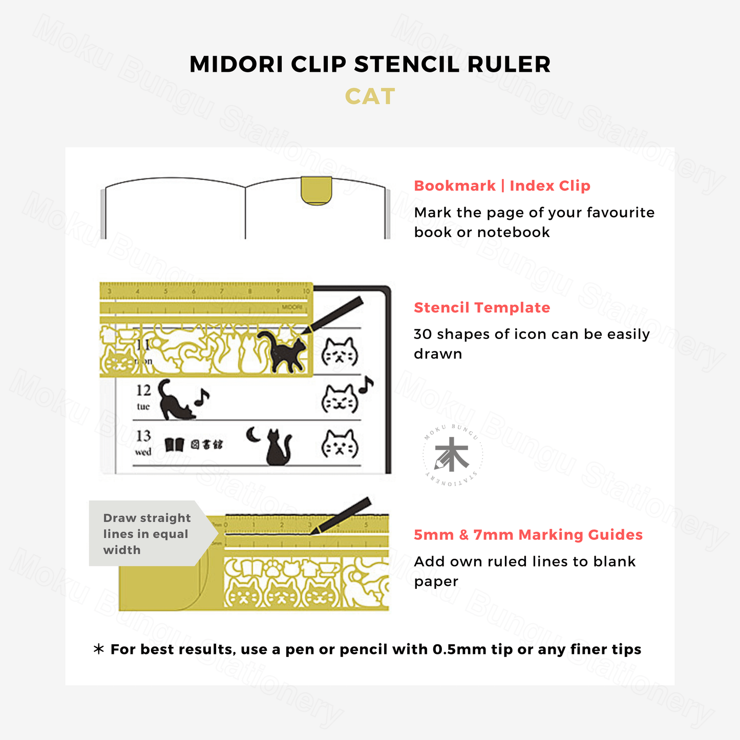 Midori - Clip Stencil Ruler - Gold - Cat Pattern