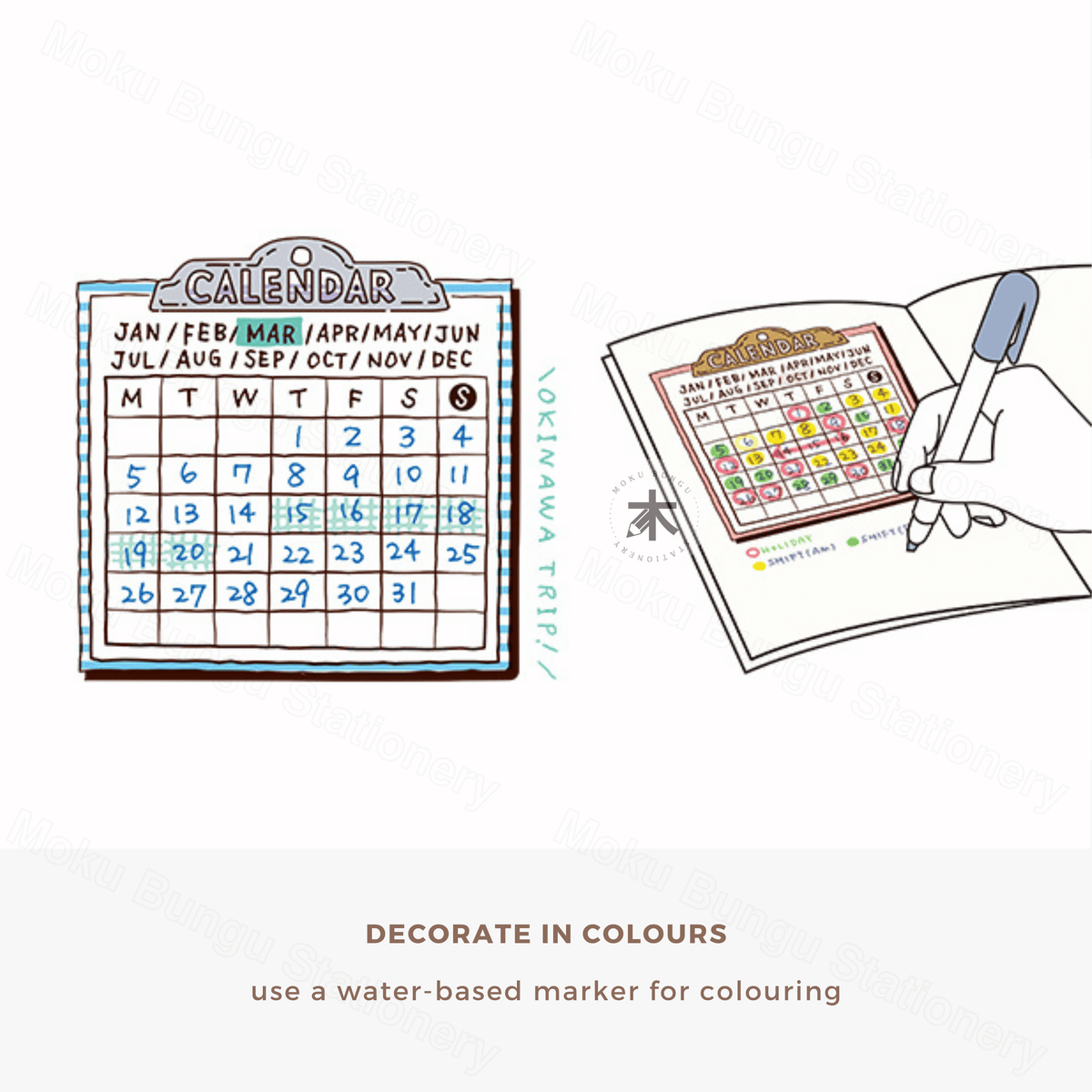 Midori - Paintable Pre-inked Stamp - Calendar - Monday Start (Soft Brown Ink)