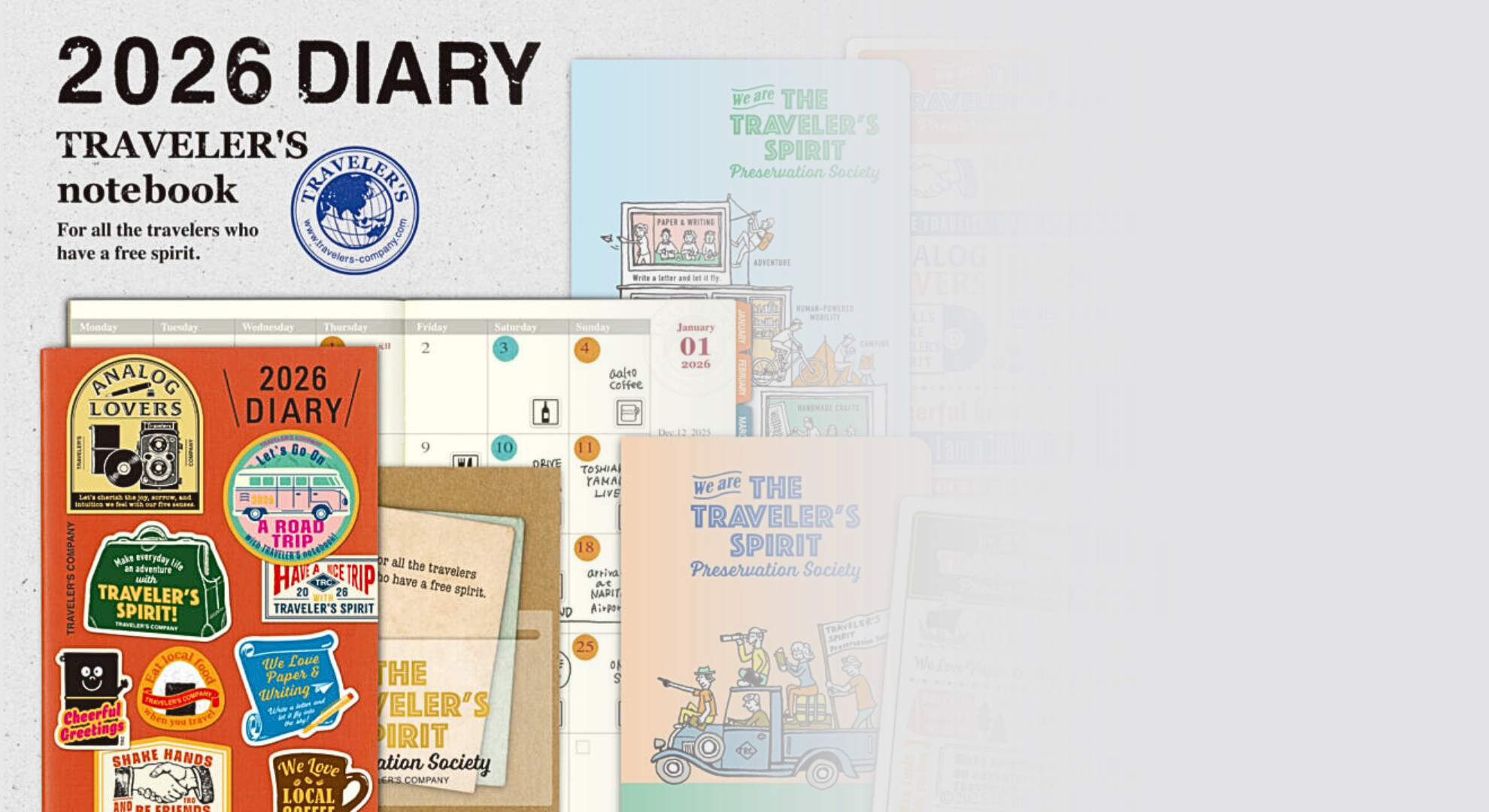 Collection of Traveler's Notebook 2026 Diary with various designs on a white background.