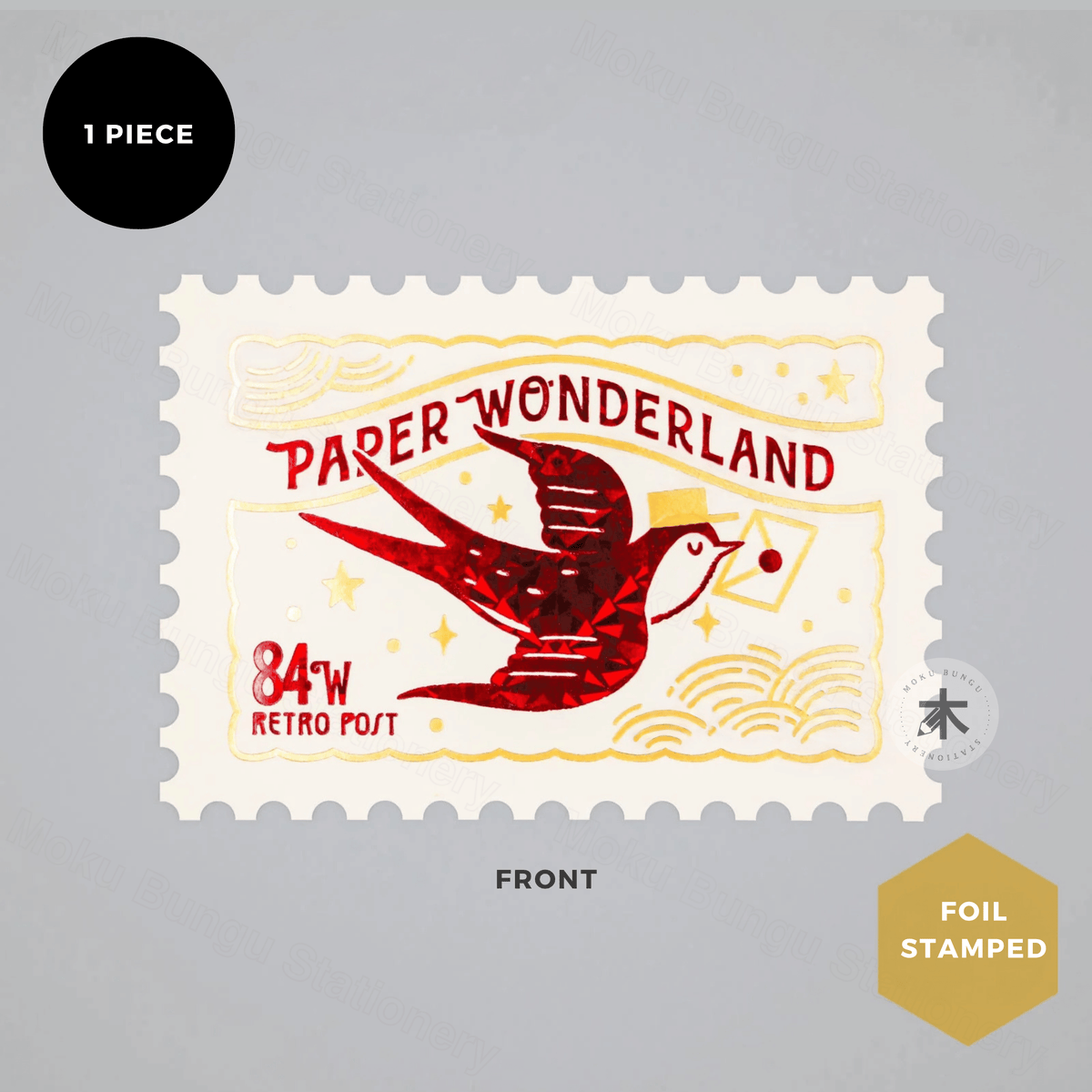 Rokkaku x Ob1toy - Foil-Stamped Postcard - Stamp Style - Swallow Bird