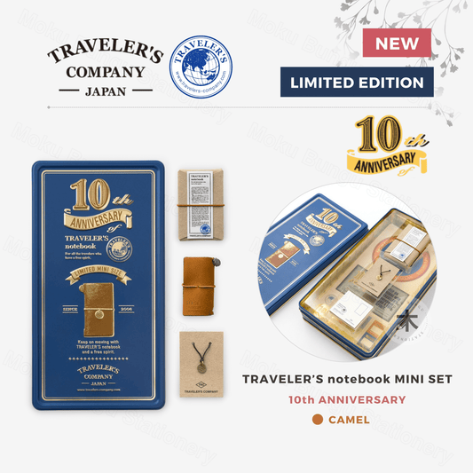 TRAVELER'S notebook Mini 10th Anniversary Can Set - Camel Leather - Blue Tin Box