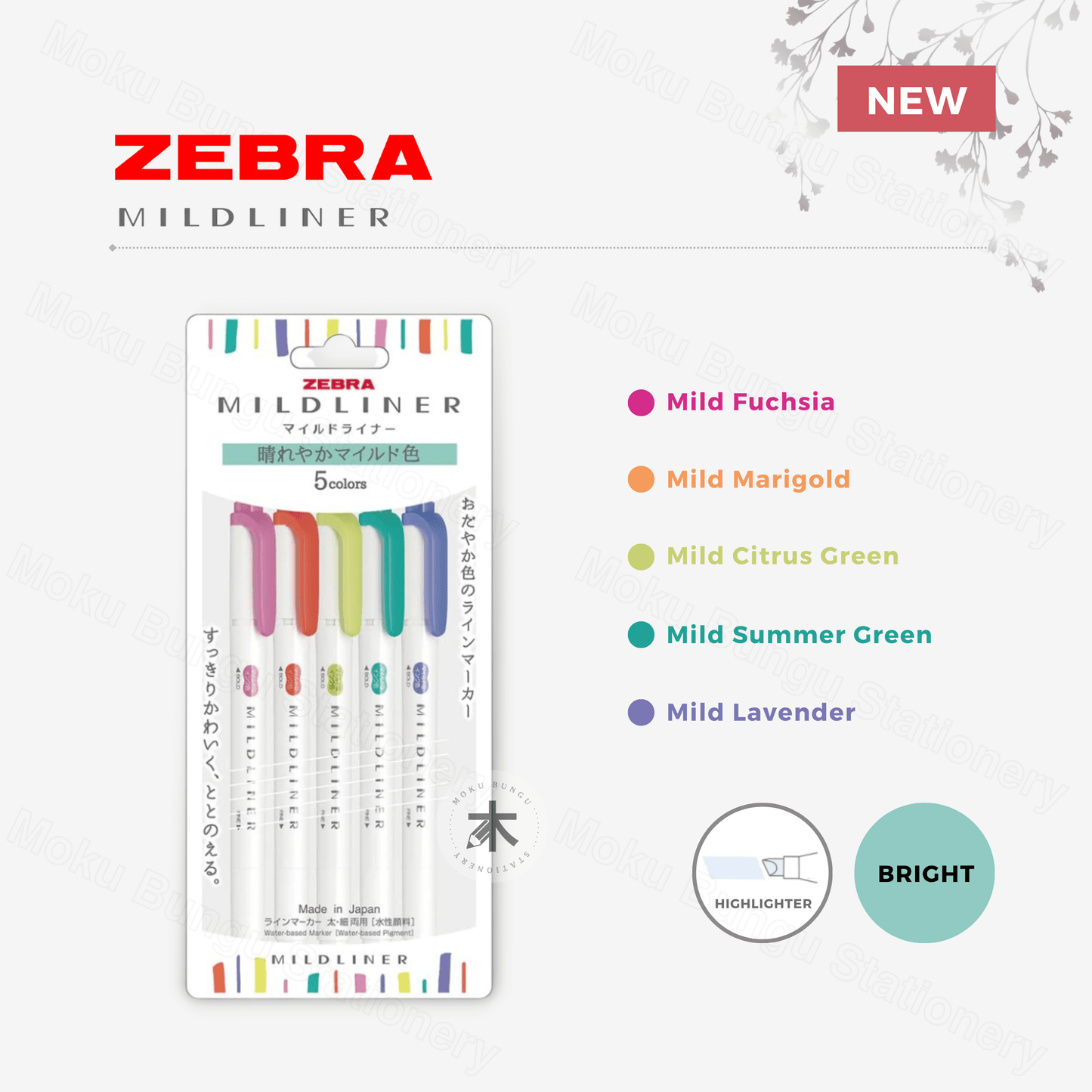 Zebra - Mildliner Double-Sided Pastel Highlighter - 5 Colour Set - Bright