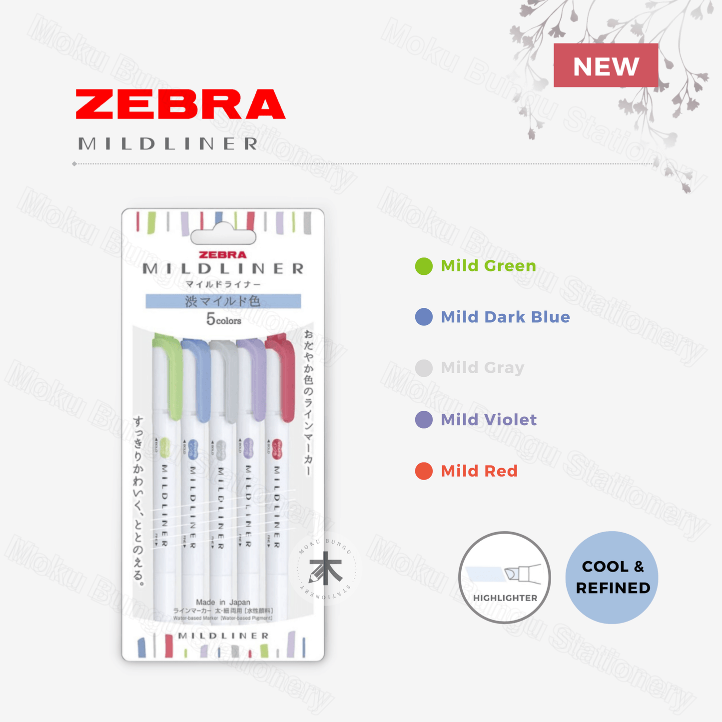 Zebra - Mildliner Double-Sided Pastel Highlighter - 5 Colour Set - Cool & Refined