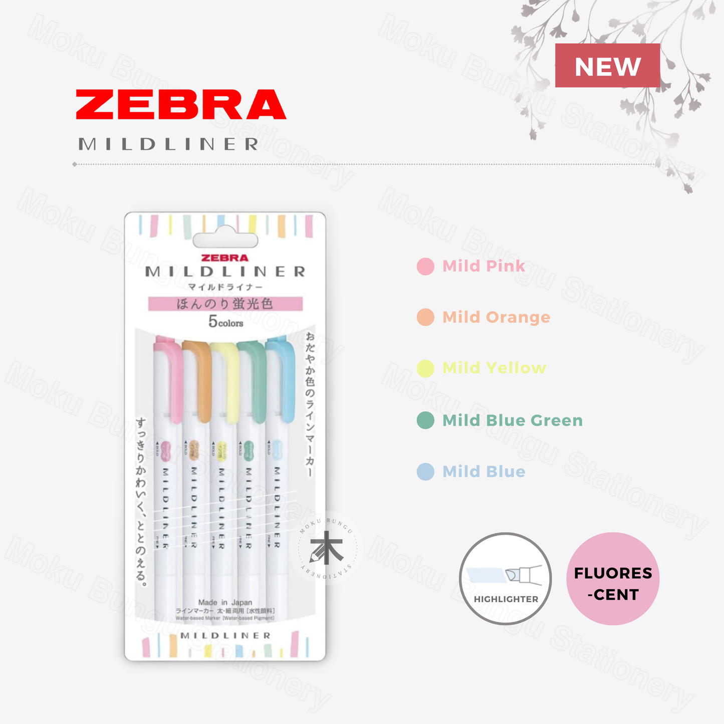 Zebra - Mildliner Double-Sided Pastel Highlighter - 5 Colour Set - Fluorescent