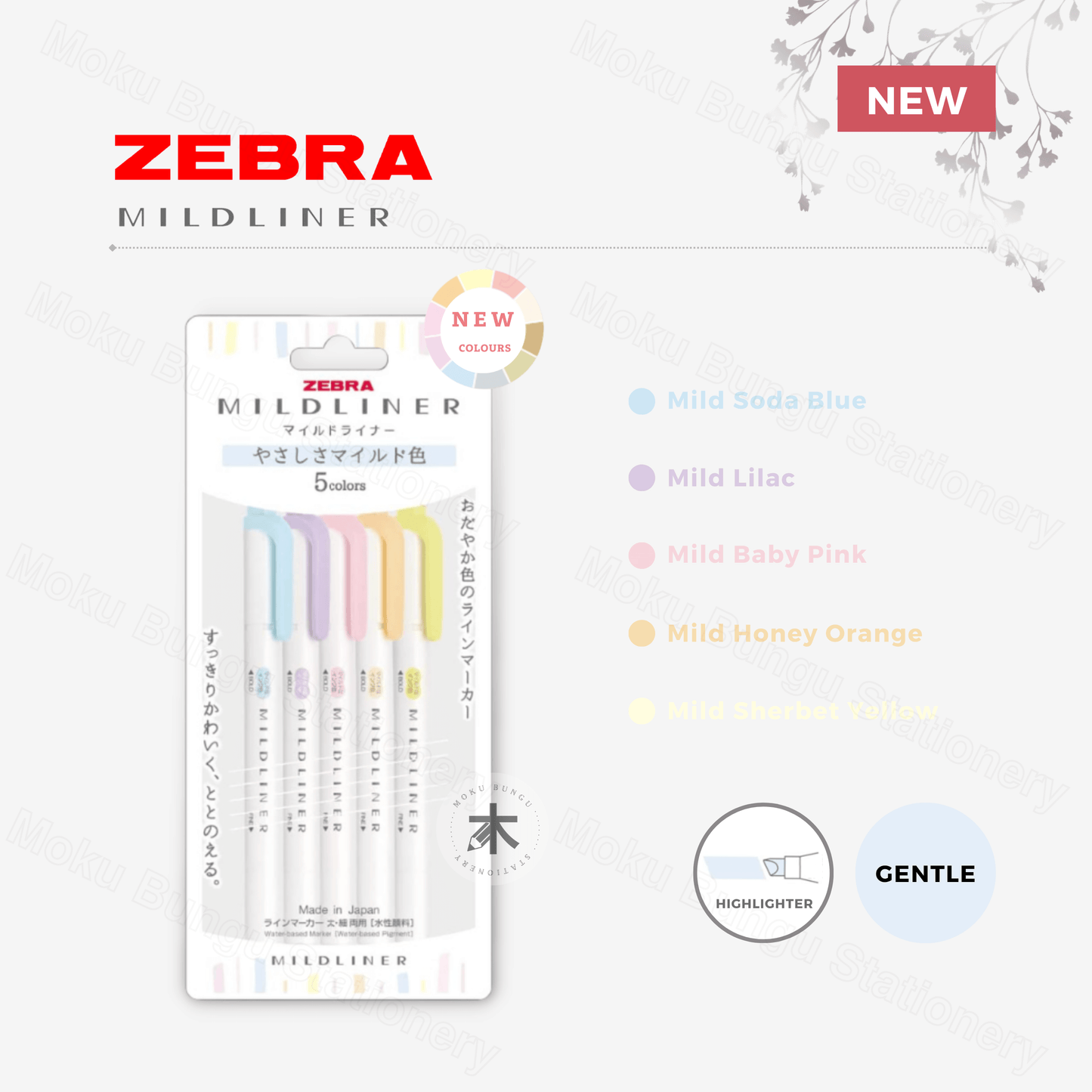 Zebra - Mildliner Double-Sided Pastel Highlighter - 5 Colour Set - Gentle