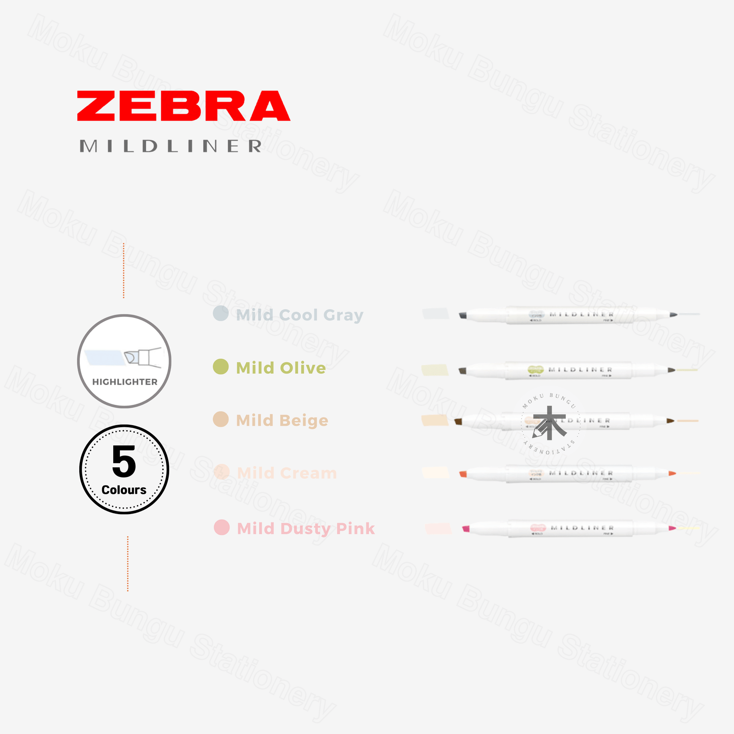 Zebra - Mildliner Double-Sided Pastel Highlighter - 5 Colour Set - Neutral