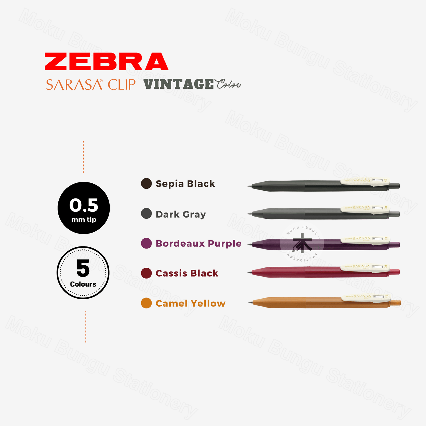 Zebra Sarasa Clip Gel Pen - 0.5mm - 5 Colour Set - Vintage Colour 2 (2024 New Package)