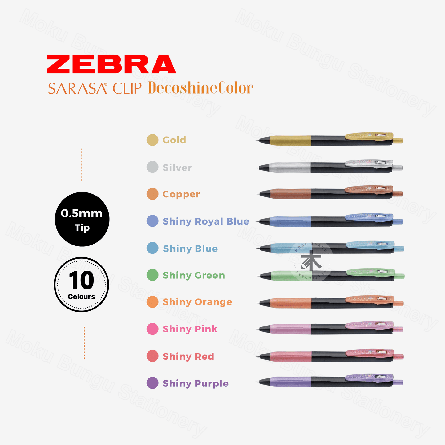 Zebra Sarasa Clip Gel Pen - 0.5mm - Decoshine Colour - 10 Colour Set (2024 New Package)