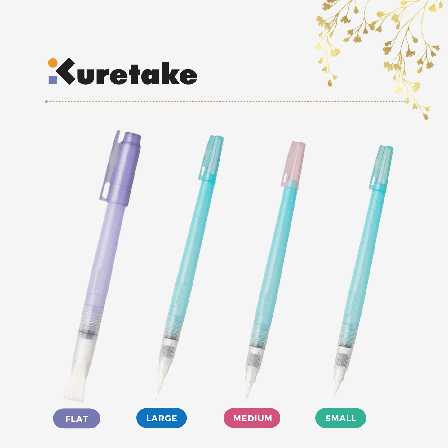 Kuretake - Water Brush Value Set - Small Tip, Medium Tip, Large Tip, Flat Tip